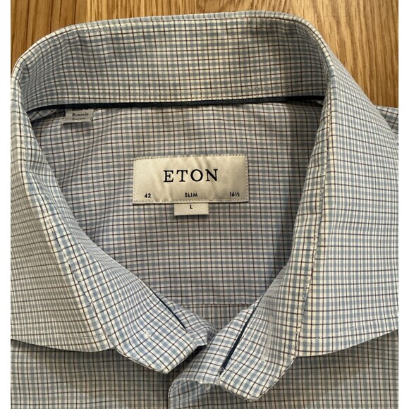 Eton‎ Dress Shirt Slim Blue Long Sleeve Button Up Micro Check Preppy Mens Large - Picture 9 of 12